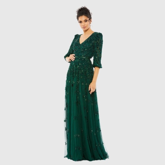 Emerald Long Sleeve Gown with Intricate Beading - Picture 2 of 7